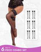 Black sheer fishnet stockings with lace bands and lace garter-style cuffs