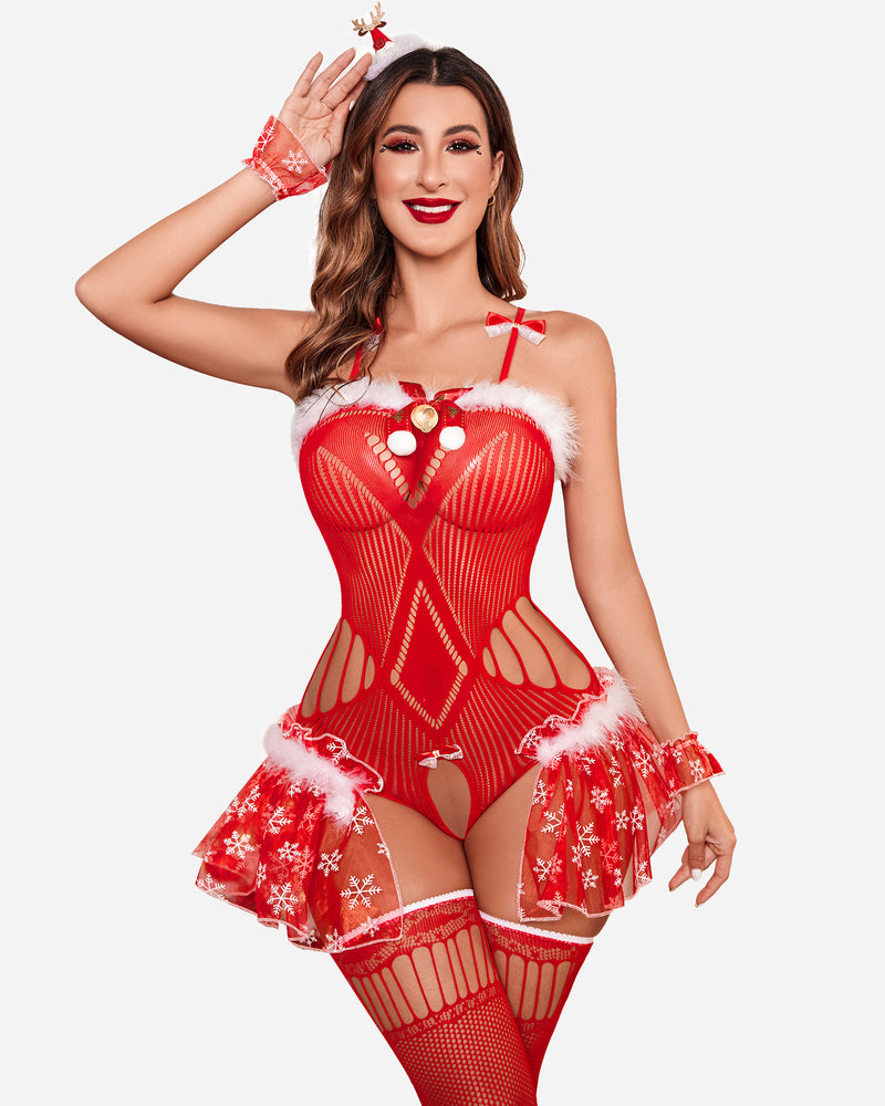 Red lace bodysuit with white faux-fur trim, tutu skirt, and matching thigh-high stockings