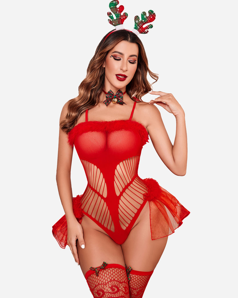 Red lace bodysuit with scalloped white faux-fur trim, tulle tutu, and matching stockings