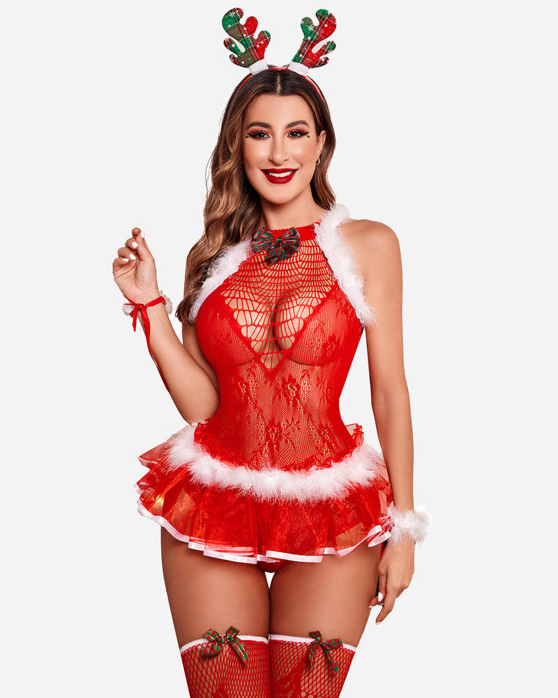Red lace halter bodysuit with white faux-fur trim and layered tulle skirt, with matching stockings