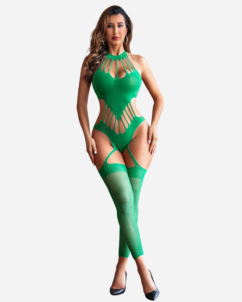 Green fishnet bodystocking with high neck cutout design and matching fishnet thigh legs.