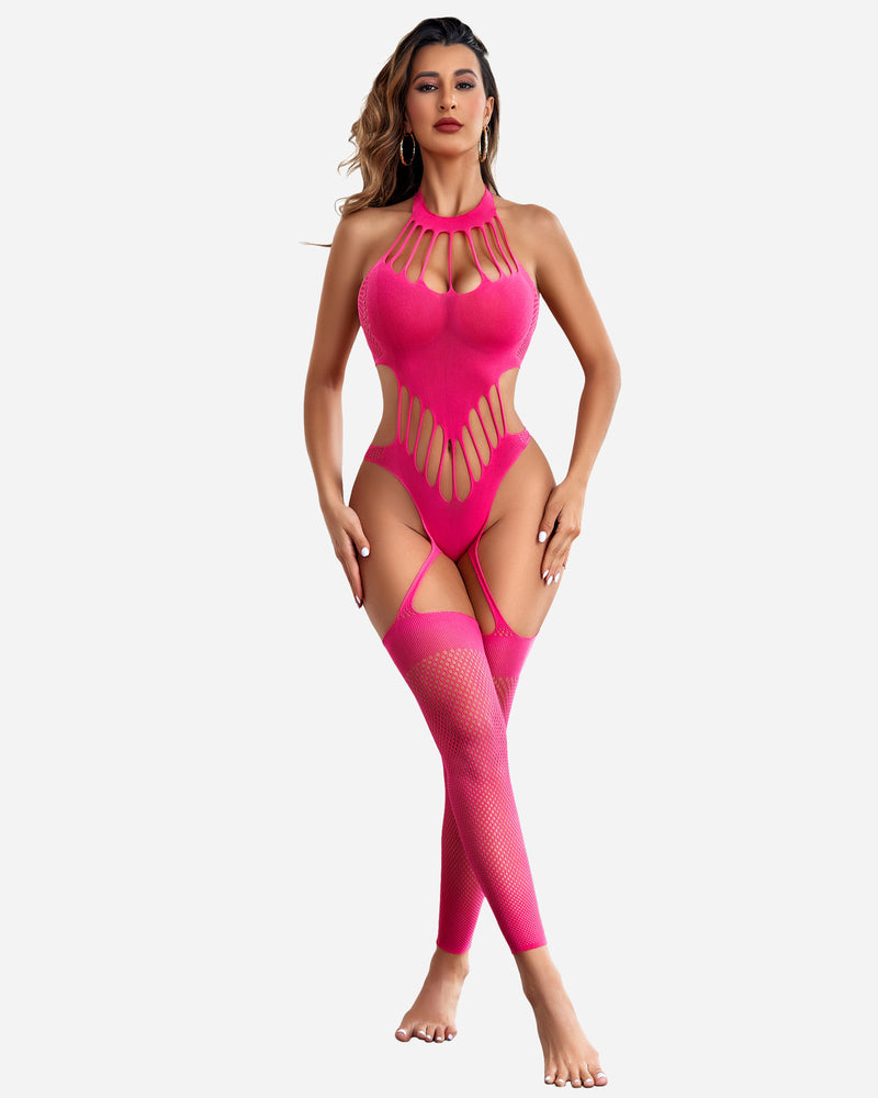 Fishnet bodystocking mesh bodysuit in fuchsia pink, high halter neckline and leg cutouts