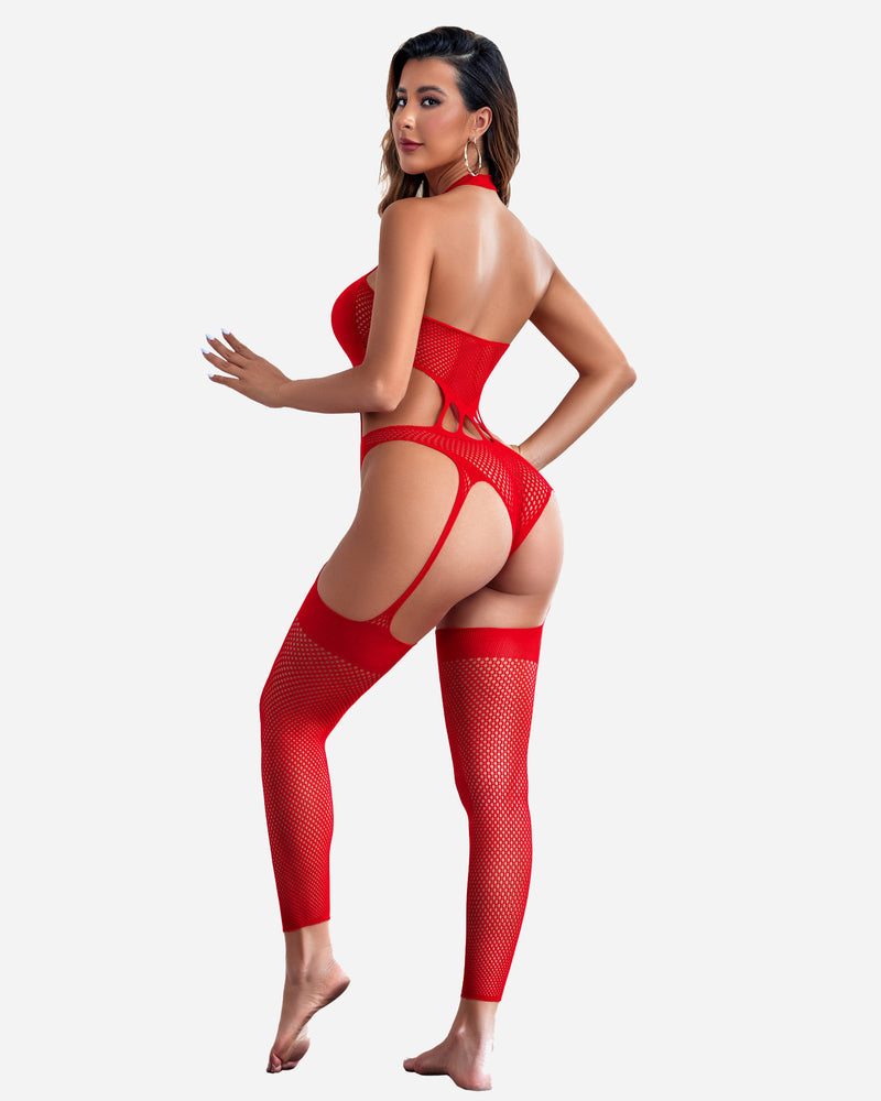 Fishnet bodystocking mesh bodysuit in red with open back and fishnet leg panels