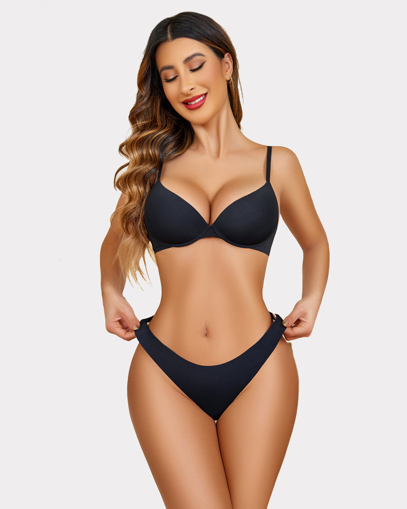 Mid-rise seamless brief panties in black, front view on a model