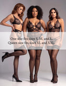 Sheer thigh-high stockings with floral lace bands shown in black on three models