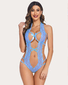 Light blue lace halter bodysuit with bow and crisscross straps
