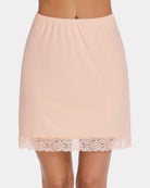 Light beige above-knee half slip skirt with lace-trim hem and elastic waist