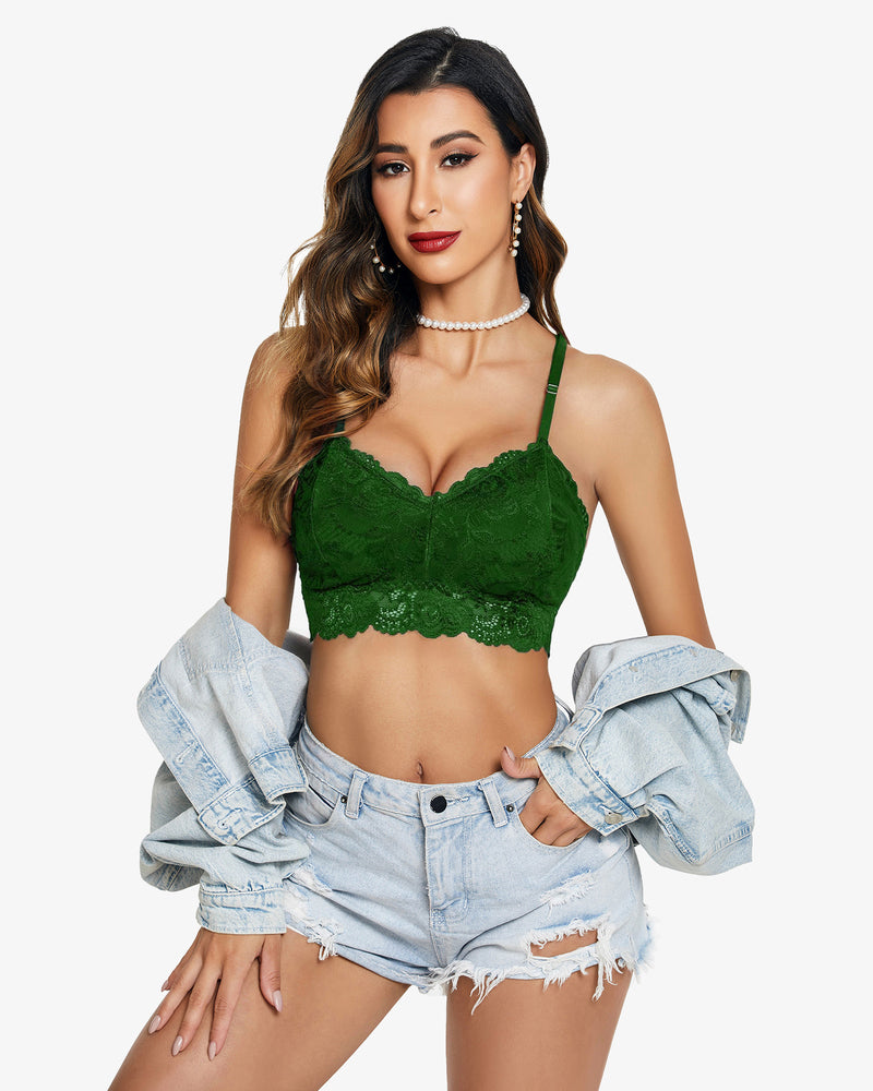 Padded floral lace V-neck crop top, dark green lace, scalloped hem, bra-style