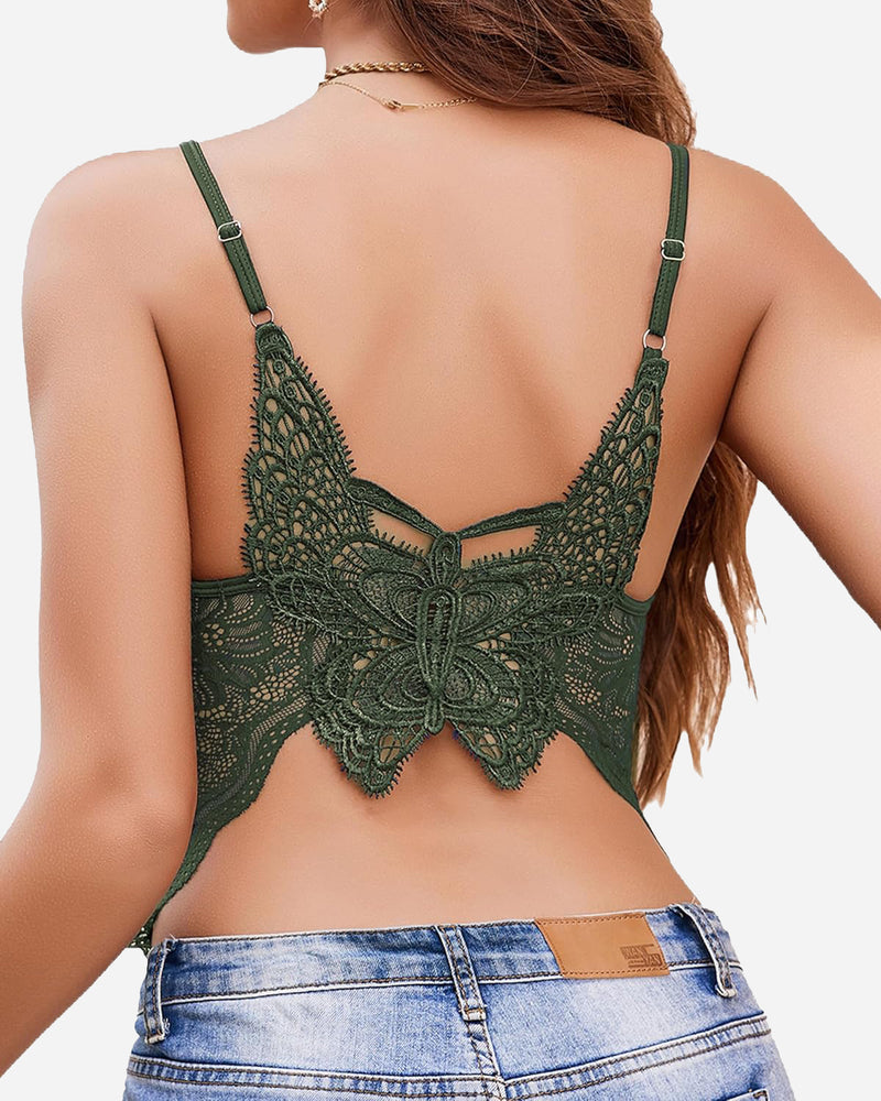 Lace spaghetti strap tank top, dark green with scalloped floral back detail