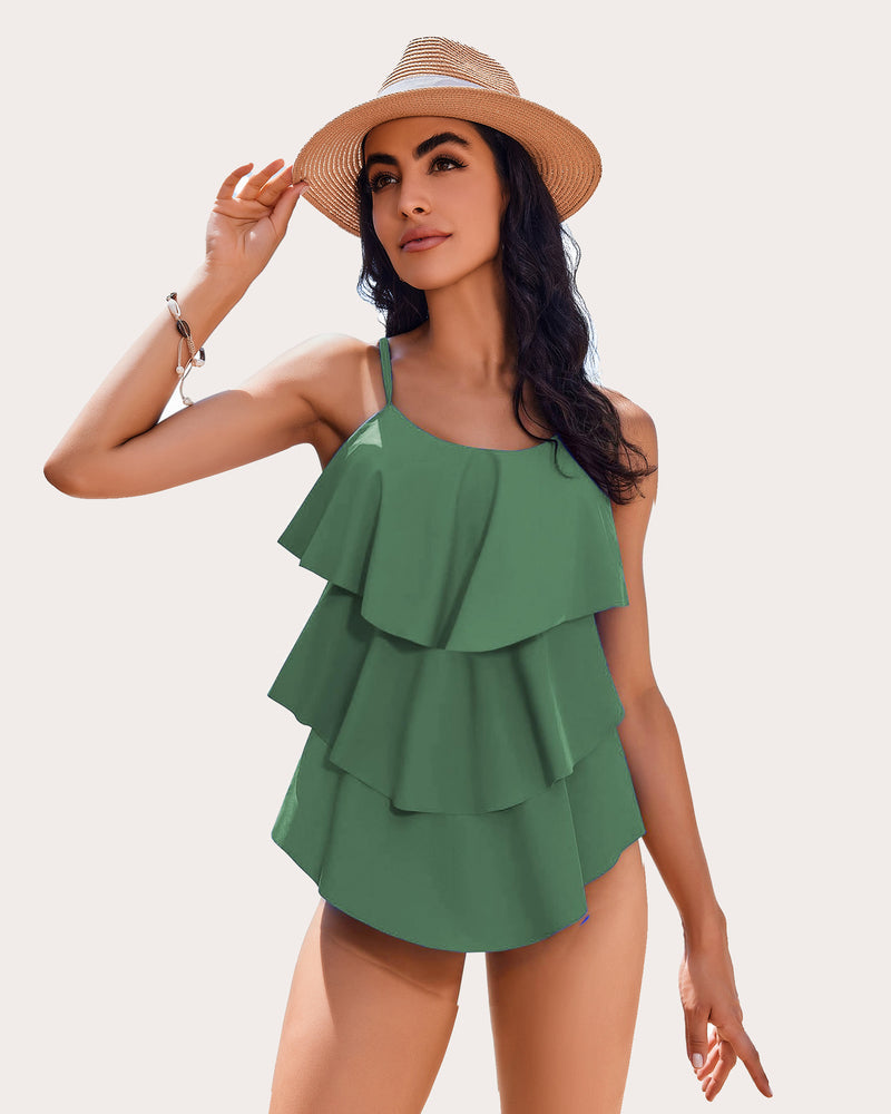 Green ruffle layered two-piece swimsuit with tiered flutter top and thin straps