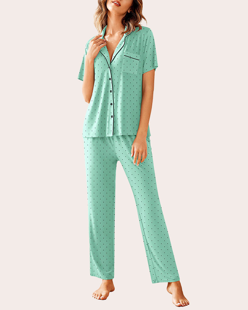 Women's mint green dot pajama set with notch collar, short-sleeve button top and long pants.