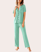 Women's mint green dot pajama set with notch collar, short-sleeve button top and long pants.
