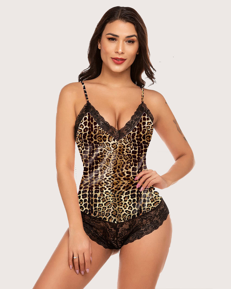 Leopard-print lace short pajama bodysuit with black scalloped trim, spaghetti straps