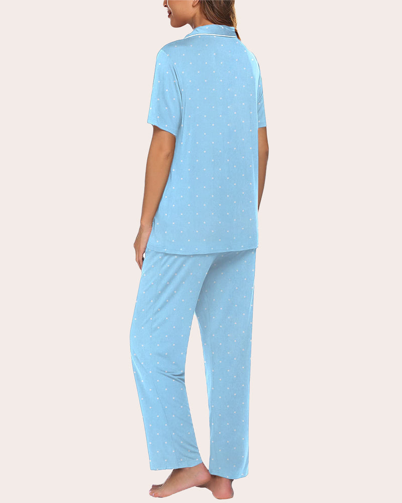Women's light blue dot pajama set, back view of short-sleeve top and long pants.