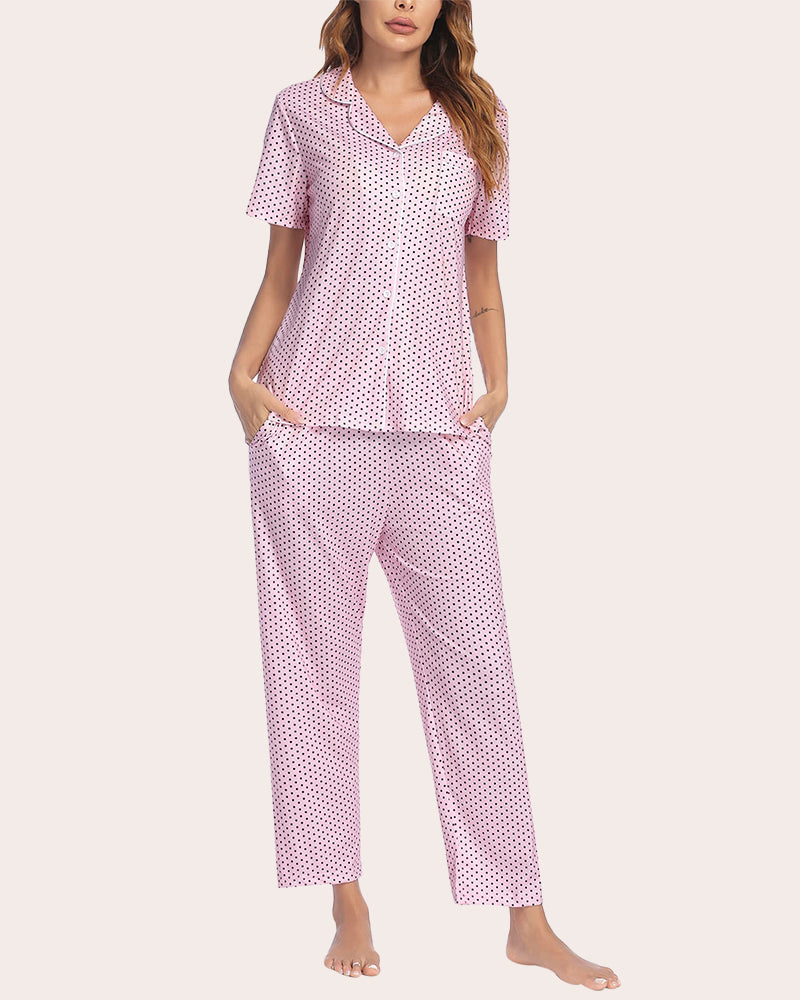 Notch collar soft pajama set in light pink tiny dot print, button-front top and tapered long pants