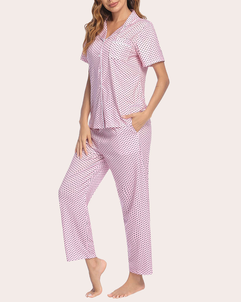 Notch collar soft pajama set in light pink tiny dot print, short-sleeve top with matching long pants