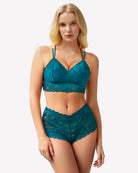 Blue-green lace bra and panty set with underwire cups and lace high-rise briefs