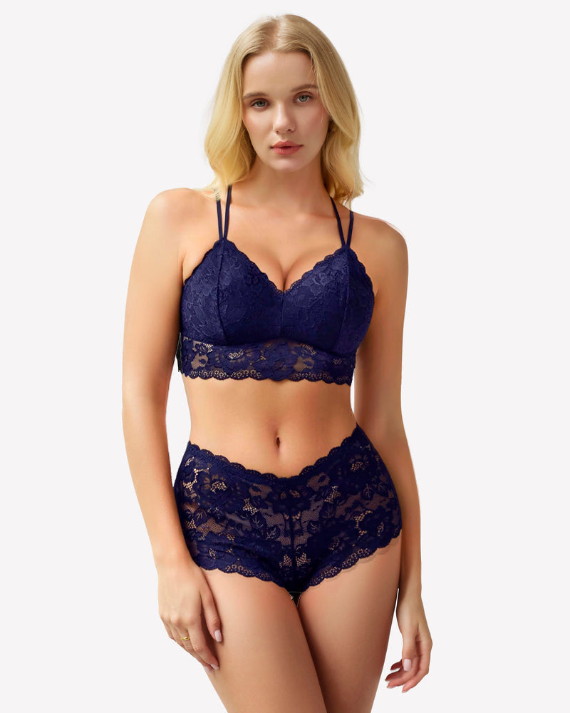 Navy lace bra and panty set with underwire cups and lace high-rise briefs