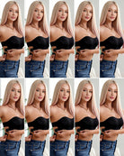 Strapless seamless bandeau bra with molded cups, front view on model in dark and nude tones