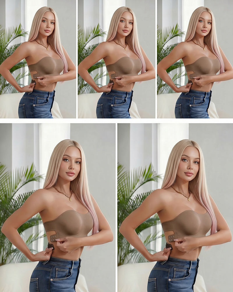 Strapless seamless bandeau bra with molded cups, front view on model