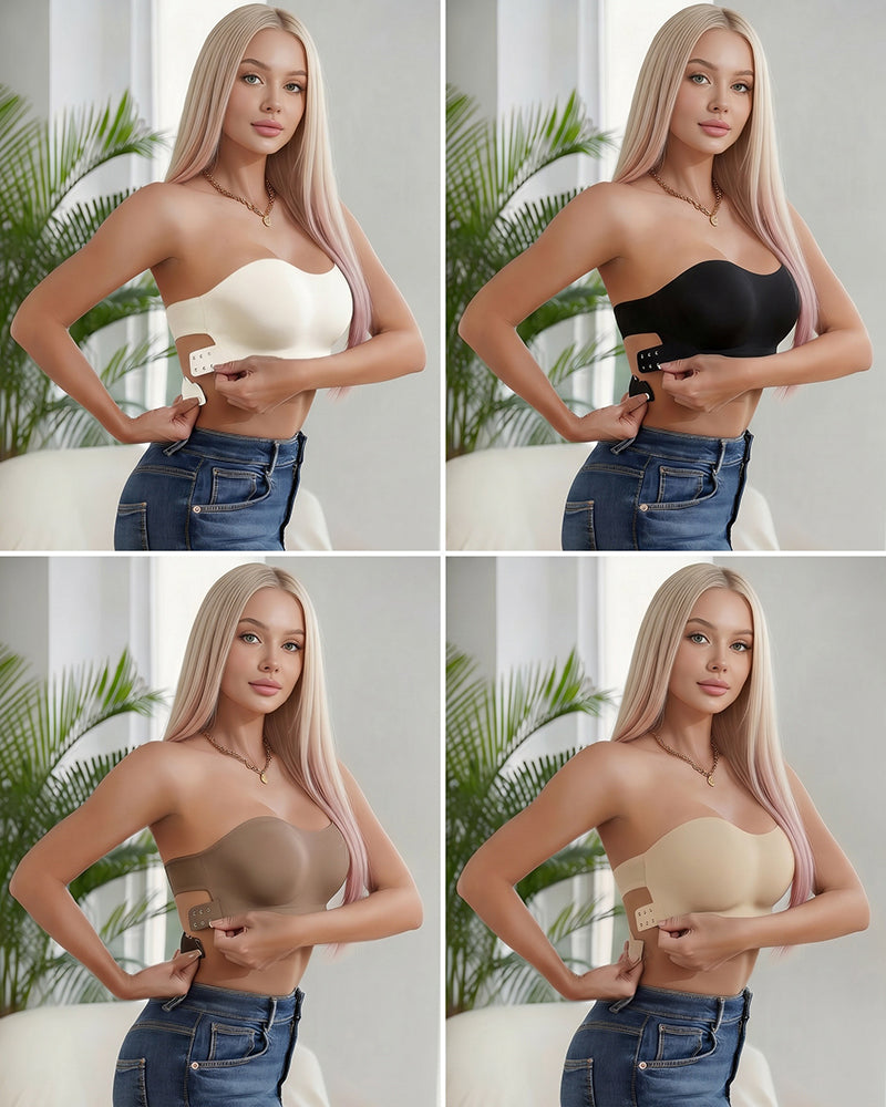 Strapless seamless bandeau bra with molded cups, front view in light and dark tones