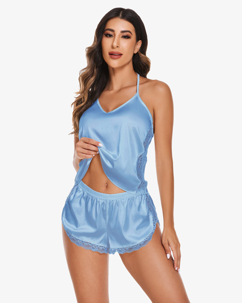 Light blue satin V-neck cami with lace-trim pajama shorts set.