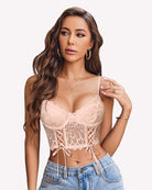 Beige lace underwire corset bralette with scalloped cups and lace-up detail