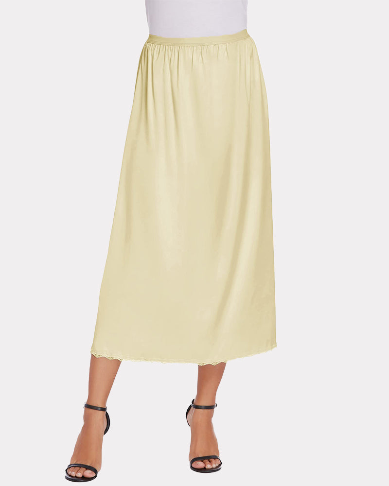 Light khaki satin half slip lace long underskirt with elastic waistband and lace hem