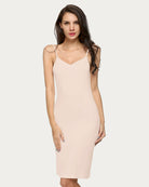 Nude plus size chemise nightgown with thin straps, V-neck and straight midi hem