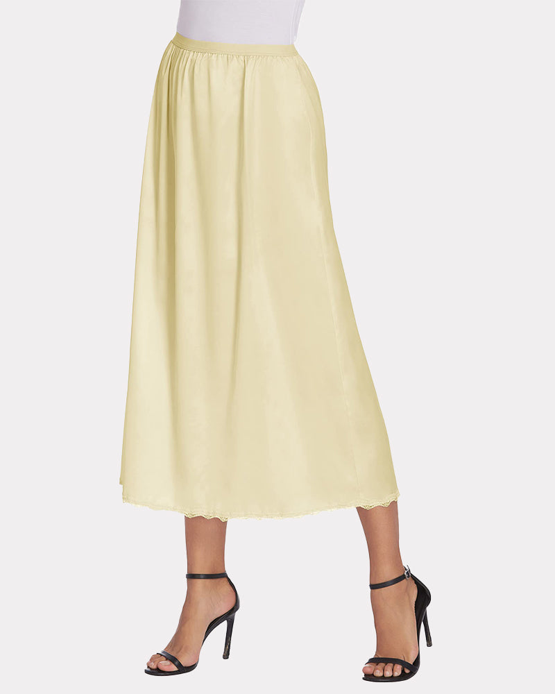 Light khaki satin half slip lace long underskirt with elastic waistband and scalloped lace hem