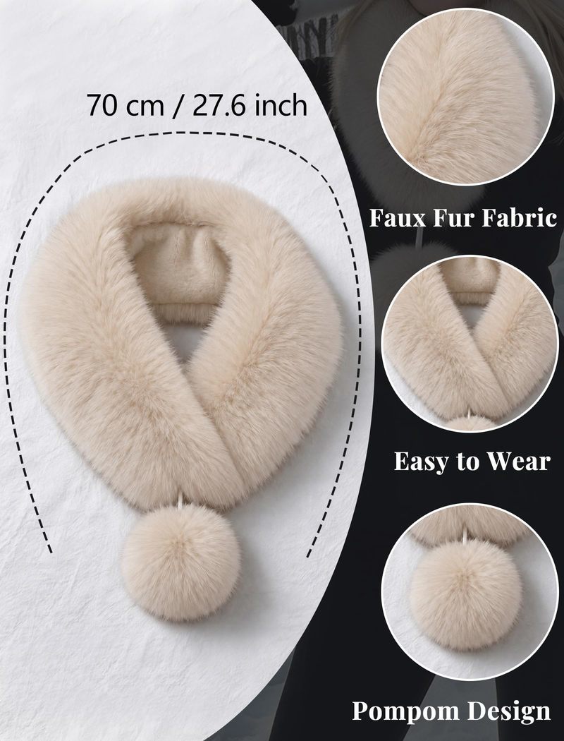 Beige faux fur neck warmer with a pom-pom; 70 cm long, with a close-up of the soft trim.