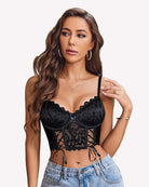 Black lace underwire corset bralette with scalloped cups and lace-up front ties