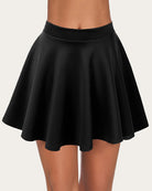 High waist A-line skirt in solid black with smooth pleated flare