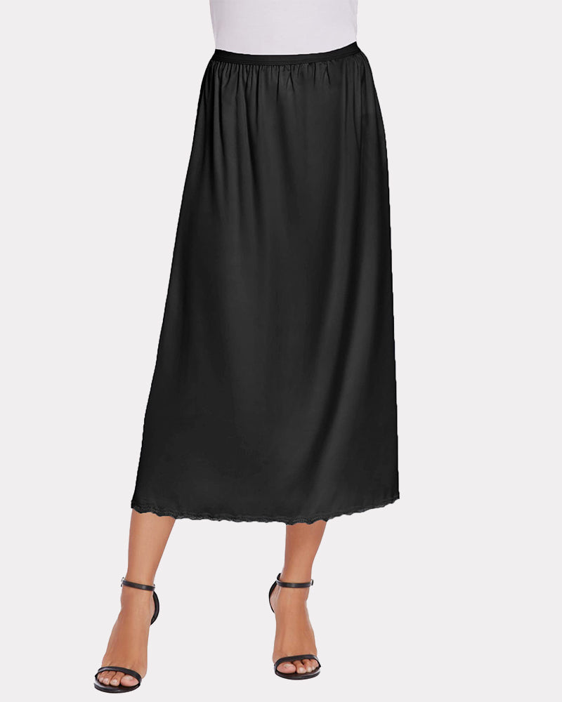 Black satin half slip lace long underskirt with elastic waistband and lace-trim hem