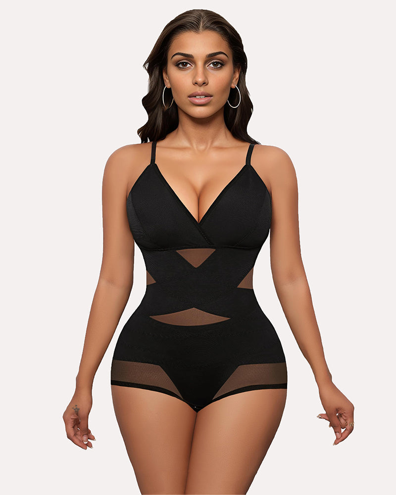 Black tummy control shapewear bodysuit with deep V neckline and mesh cutout panels