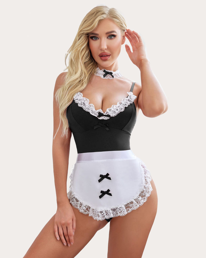 Black maid costume set with white lace teddy, white apron, and lace choker
