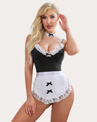Black maid costume set with white lace teddy, white apron, and lace choker