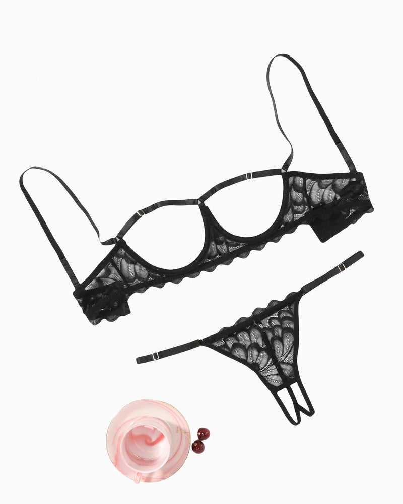 Black lace cupless bra and thong panty set, bra and panty shown flat