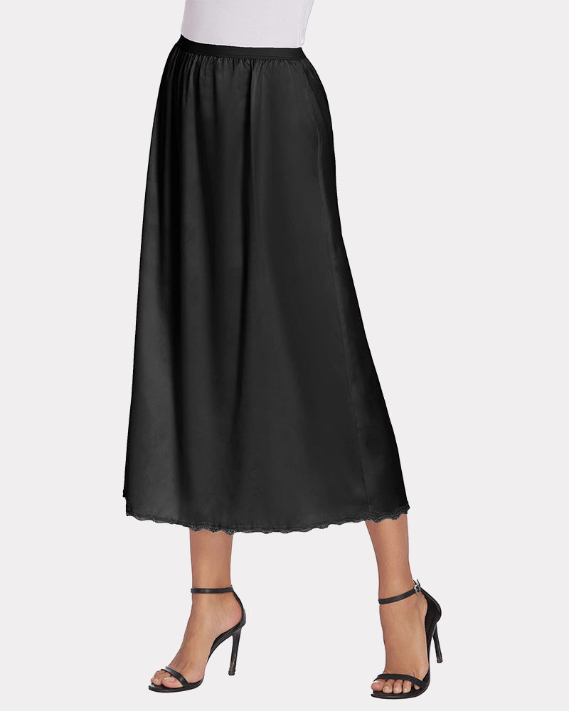 Black satin half slip lace long underskirt with elastic waistband and scalloped hem