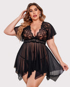 Black lace babydoll lingerie, V-neck and flutter sleeves