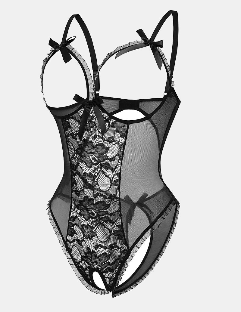 Black lace cut-out cup bodysuit with bow straps and sheer mesh panels, thong back
