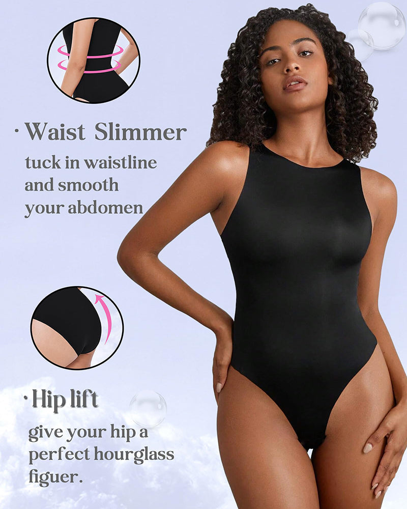 Black double-lined tank bodysuit shapewear with scoop neckline and high leg