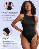 Black double-lined tank bodysuit shapewear with scoop neckline and high leg