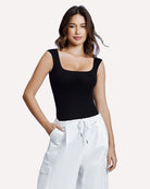 Black square-neck sleeveless bodysuit shapewear under with fitted high-leg cut