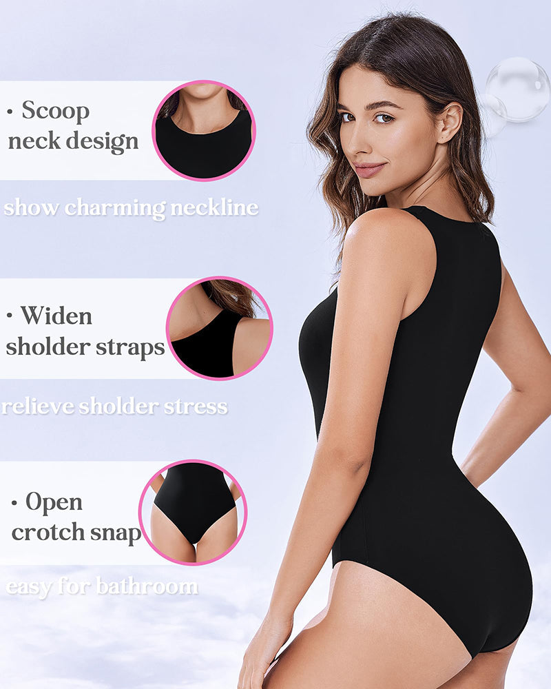 Black double-lined tank bodysuit shapewear with scoop neck, wide straps, snap crotch
