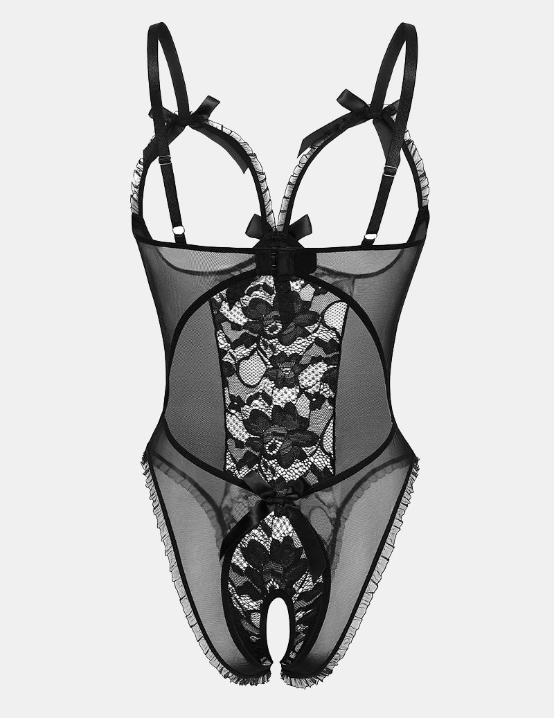 Black lace cut-out cup bodysuit with bow straps, sheer lace center, thong back