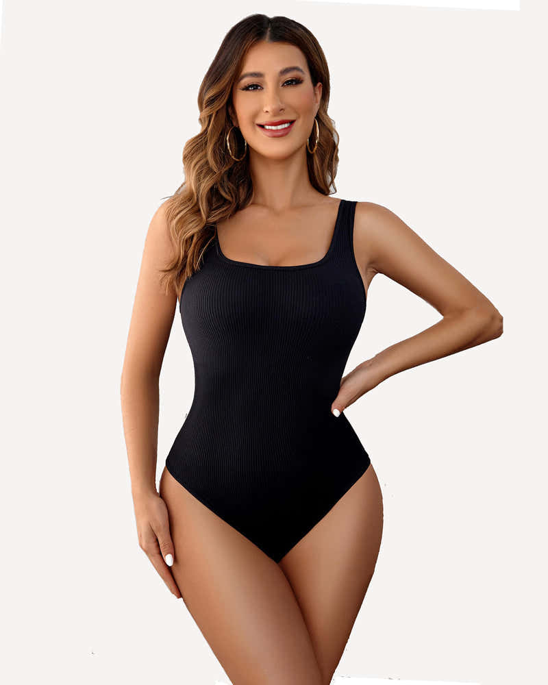 Black ribbed square-neck sleeveless bodysuit with high-cut legs