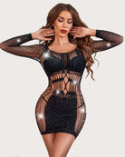 Black fishnet rhinestone mini dress with long sleeves and scalloped lattice bodice