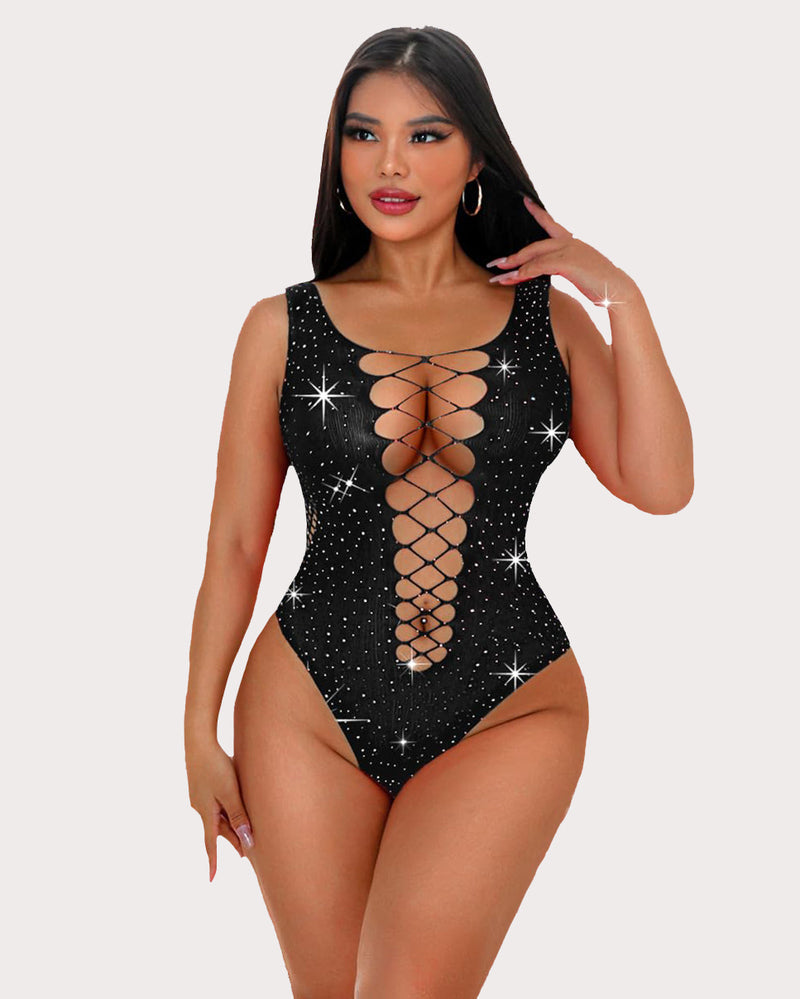Black rhinestone mesh bodysuit with crisscross lace-up front cutout