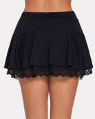 Black pleated mini ruffle skirt with lace hem